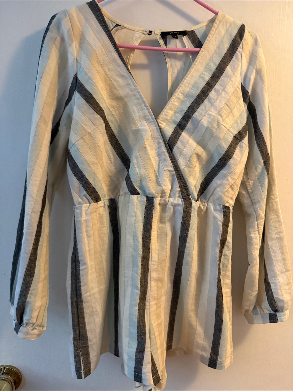 Lumie Romper 
Women's Cream and Black Striped V-Neck Long sleeve romper